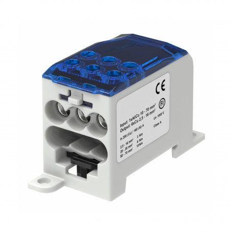 Bloc de distribution alu cuivre bleue - 1 entrée 70mm² - 6 sorties 2,5 à 16mm² - 1000V AC/DC