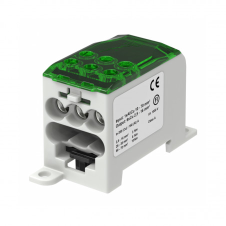 Bloc de distribution alu cuivre vert - 1 entrée 70mm² - 6 sorties 2,5 à 16mm² - 1000V AC/DC