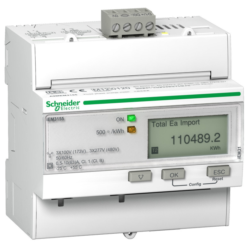 A9MEM3155 Schneider - Compteur électrique 63A - 1P|1P+N|3P+N - LCD - Avec option double tarif - MID - Acti 9