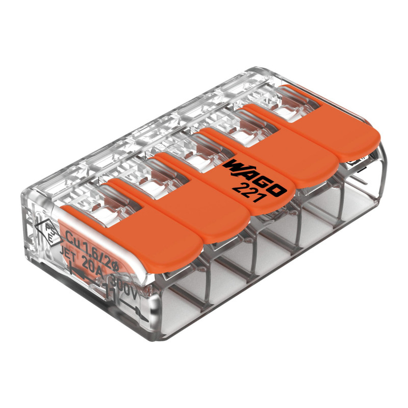 221-415 Wago - Boite de 25 bornes de connexion Wago 5 entrées de 4mm² pour fils souples & rigides à levier