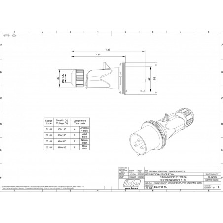 Prise CEE male 2P+T 16A - 220V - Étanche IP44 - IDE