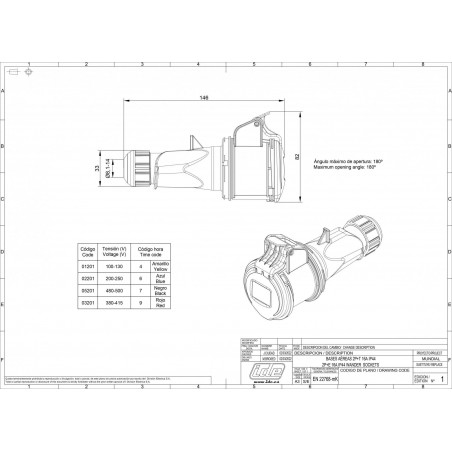 Fiche femelle P17 16A 2P+T 220V - Étanche IP44 - IDE