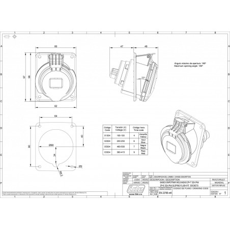 Prise P17 CEE 32A 2P+T - Encastrable sur coffret - Étanche IP44 - IDE