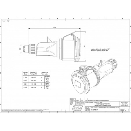 Fiche mobile male  32A 2P+T - Étanchéité renforcée IP67 - IDE