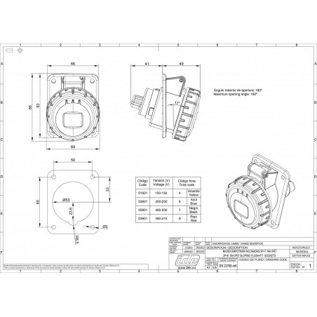 Prise monophasé 16A 2P+T - Encastrable sur coffret - Étanche IP67 - IDE