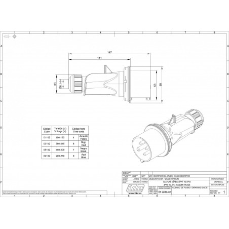 Prise triphasé 16A 3P+T 380V - 4 broches - Étanche IP44 - IDE