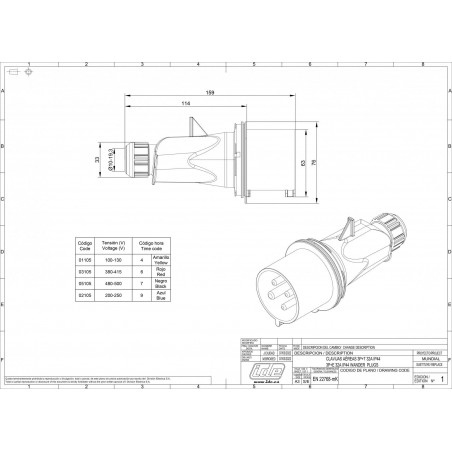 Prise triphasé 32A 3P+T 380V - 4 broches - Étanche IP44 - IDE