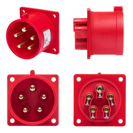Prise male encastrable tétrapolaire 32A 3P+N+T 380V - 5 broches - Étanche IP44 - IDE