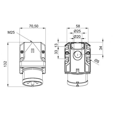 Socle male tétrapolaire 32A 3P+N+T 380V - 5 broches - Étanche IP44 - IDE