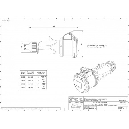 Fiche femelle triphasé 16A 3P+T 380V - 4 broches - Étanche IP44 - IDE