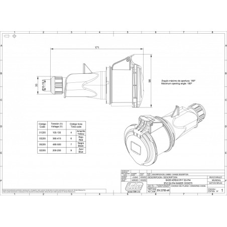 Fiche femelle triphasé 32A 3P+T 380V - 4 broches - Étanche IP44 - IDE
