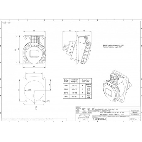 Prise triphasé 16A 3P+T - 4 broches - Encastrable sur coffret - Étanche IP44 - IDE