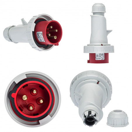 Fiche mobile male triphasé 16A 3P+T 380V - 4 broches - Étanche IP67 - IDE