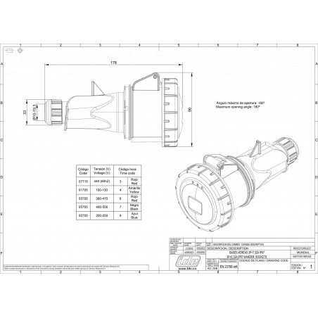 Fiche femelle triphasé 32A 3P+T 380V - 4 broches - Étanche IP67 - IDE