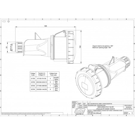 Fiche femelle tétrapolaire 32A 3P+N+T 380V - 5 broches - Étanche IP67 - IDE