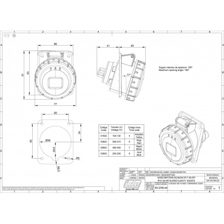 Prise triphasé 16A 3P+T - 4 broches - Encastrable sur coffret - Étanche IP67 - IDE