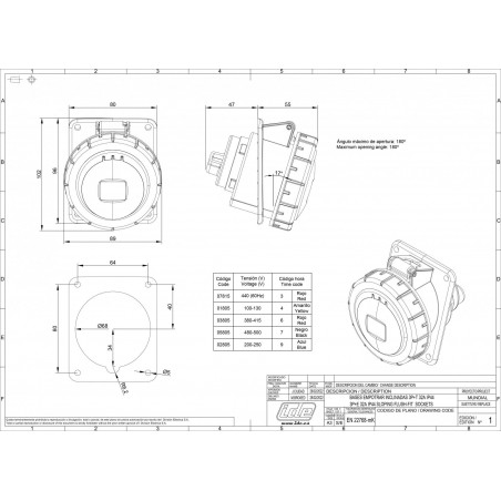 Prise triphasé 32A 3P+T - 4 broches - Encastrable sur coffret - Étanche IP67 - IDE