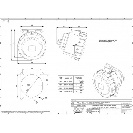 Prise tétrapolaire 32A 3P+N+T - 5 broches - Encastrable sur coffret - Étanche IP67 - IDE