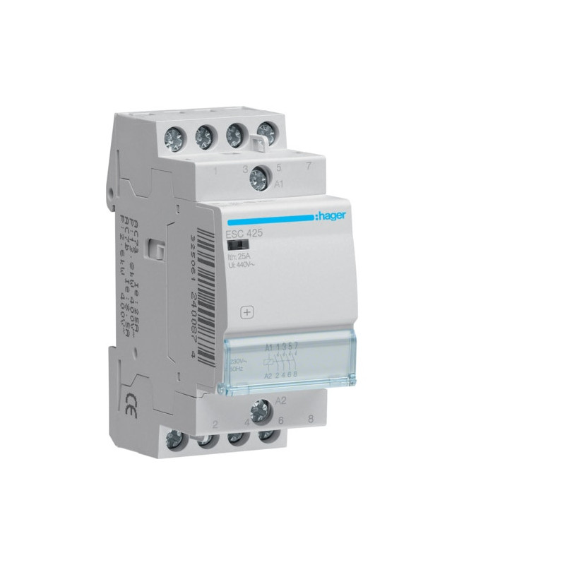 ESC425 Hager Contacteur modulaire de puissance 4NO - 25A - Bobine 230 Vac - Bornes à vis - 2 modules