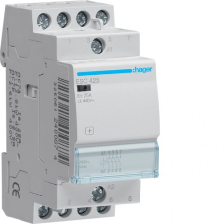 ESC425 Hager Contacteur modulaire de puissance 4NO - 25A - Bobine 230 Vac - Bornes à vis - 2 modules
