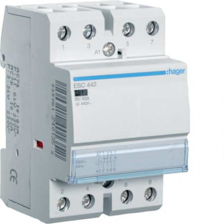 ESC442 Hager Contacteur modulaire de puissance 2NO+2NF - 40A - Bobine 230 Vac - Bornes à vis - 3 modules