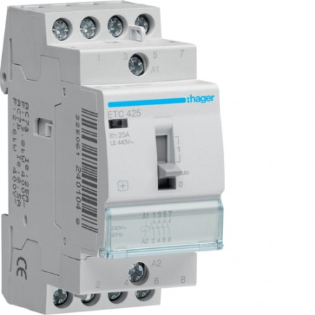 ETC425 Hager Contacteur Jour Nuit triphasé pour heures creuses 4NO - 25A - Bobine 230 Vac - Bornes à vis - 2 modules