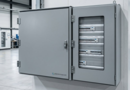 Armoire électrique métallique avec disjoncteurs et modules installée en milieu industriel