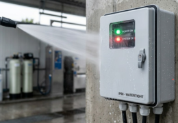 Armoire électrique étanche IP66 avec voyants LED installée en environnement humide et projections d’eau