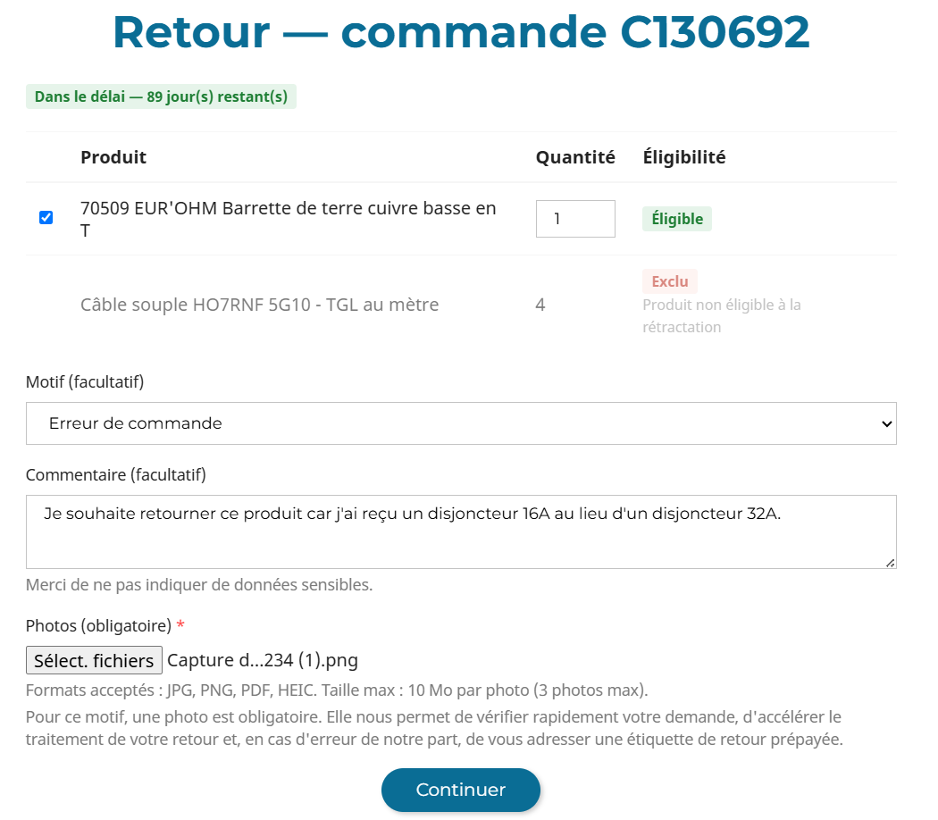 Formulaire de demande de retour