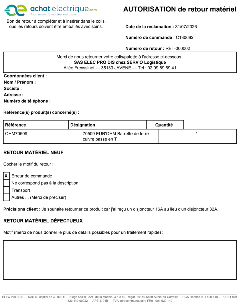 Feuille de retour et accusé de réception